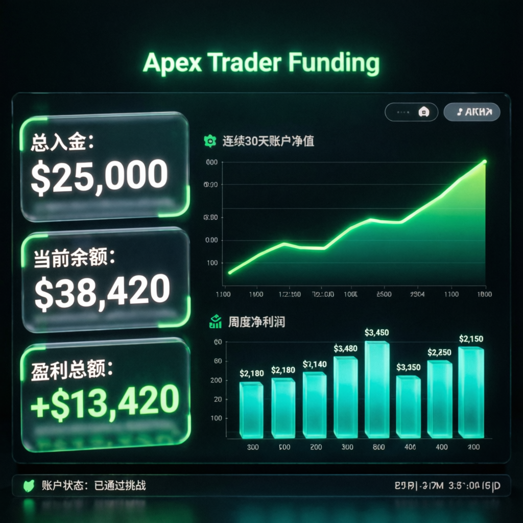 Apex Trader Funding dashboard showing account growth statistics and profit charts