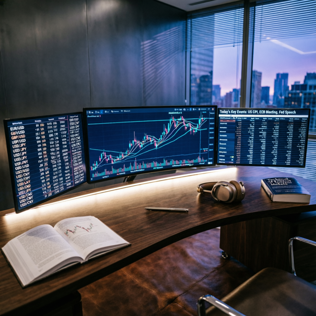 Professional forex trading analysis workspace with multiple screens showing currency pairs and technical indicators