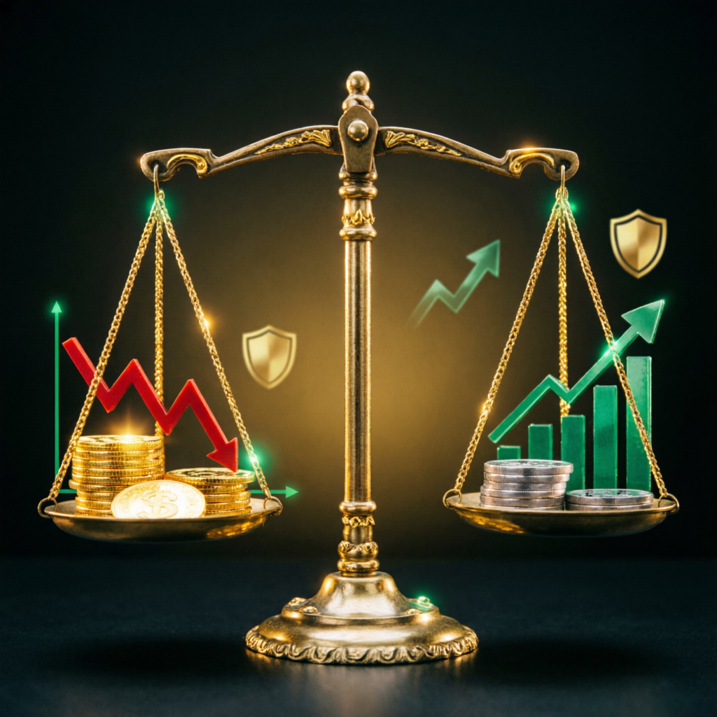 Risk management concept with balance scale showing profit and loss in trading