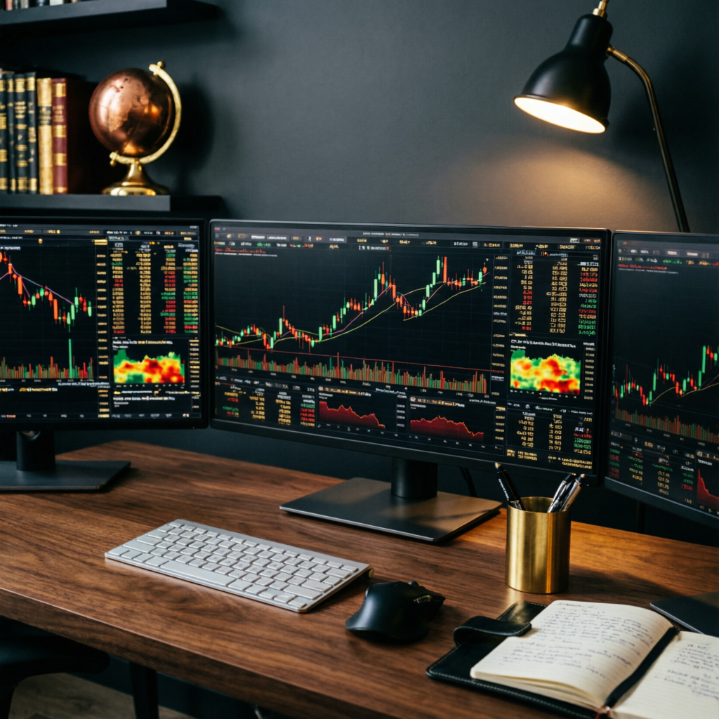 Professional Apex Trader Funding workspace with multiple monitors showing futures trading charts