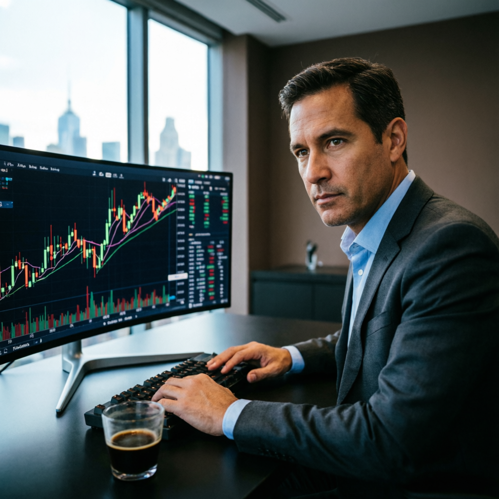 Professional trader analyzing candlestick charts on large monitor in modern office