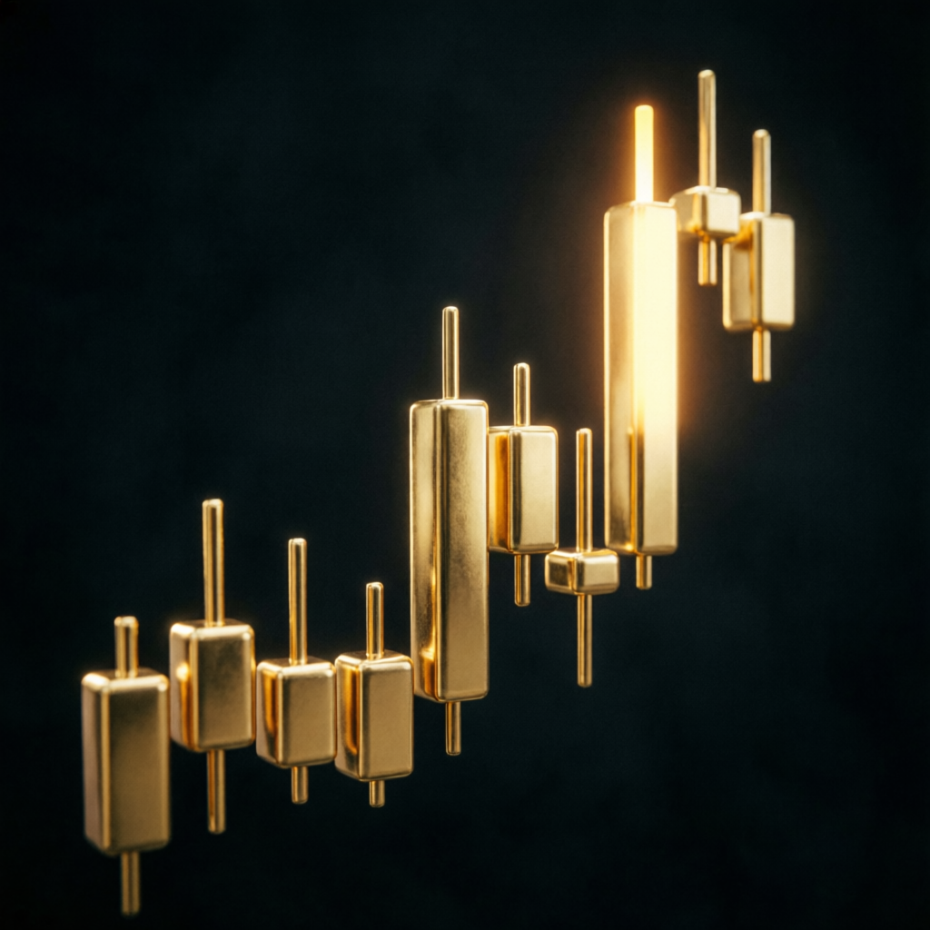 Golden candlestick chart showing upward trading profits and growth