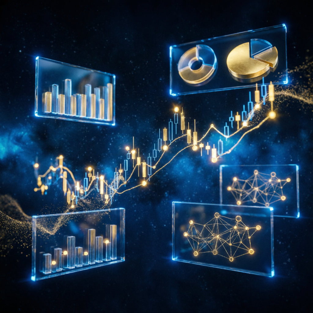 Futuristic financial data analytics visualization with holographic charts and trading data