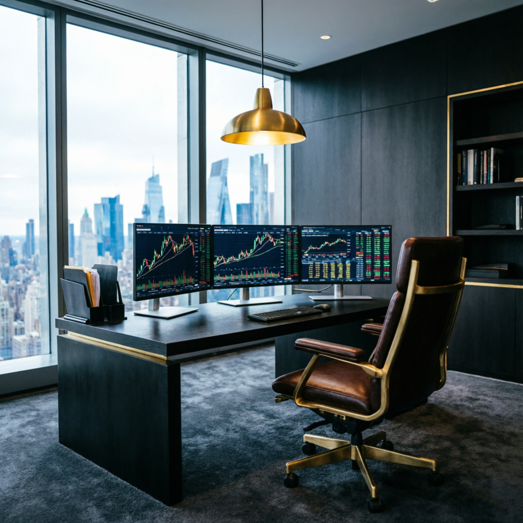 Luxury trading office with panoramic city view and multiple monitors showing trading charts