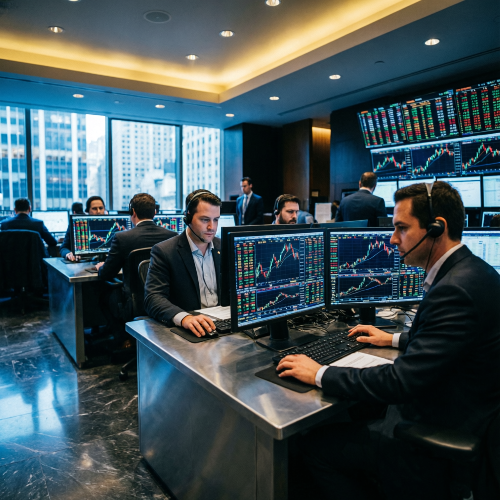 Professional trading floor with traders monitoring multiple screens showing live market data