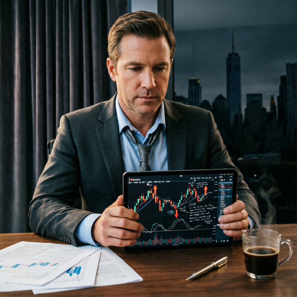 Professional trader reviewing trading strategy on tablet in modern office