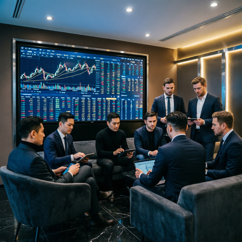 Professional trading community meeting discussing market strategies and prop firm opportunities