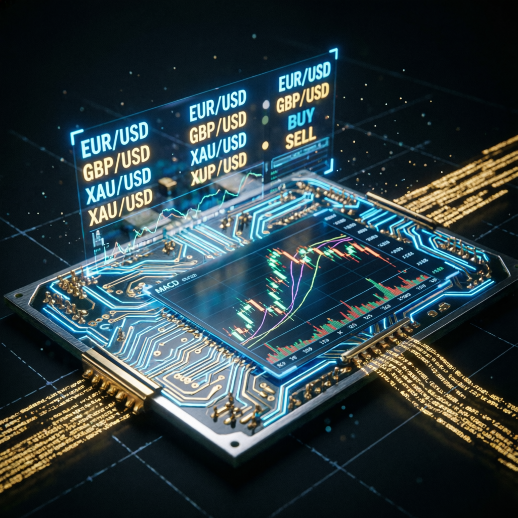 Advanced algorithmic trading EA with circuit board and forex charts