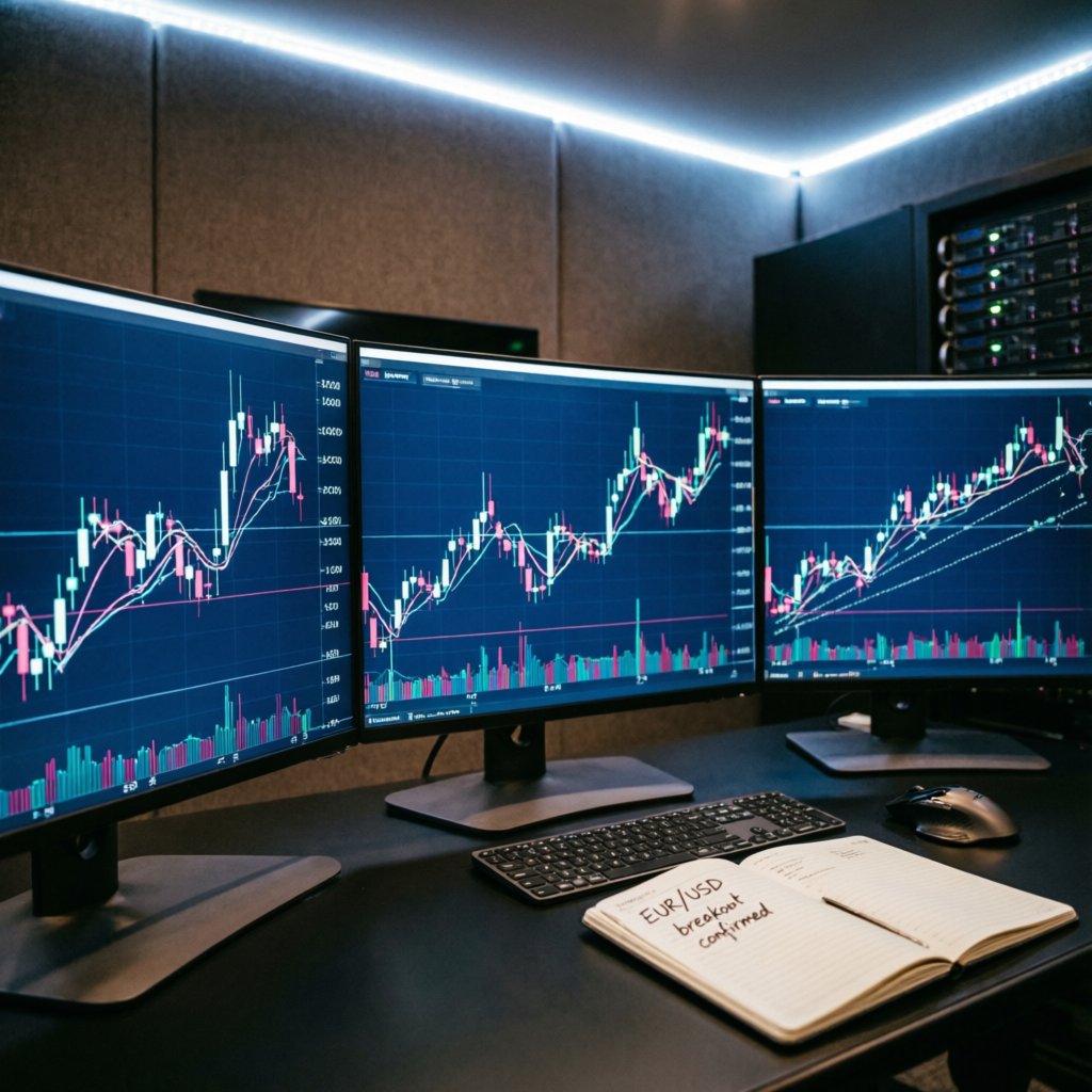 Professional trading strategy analysis with multiple monitors showing forex charts