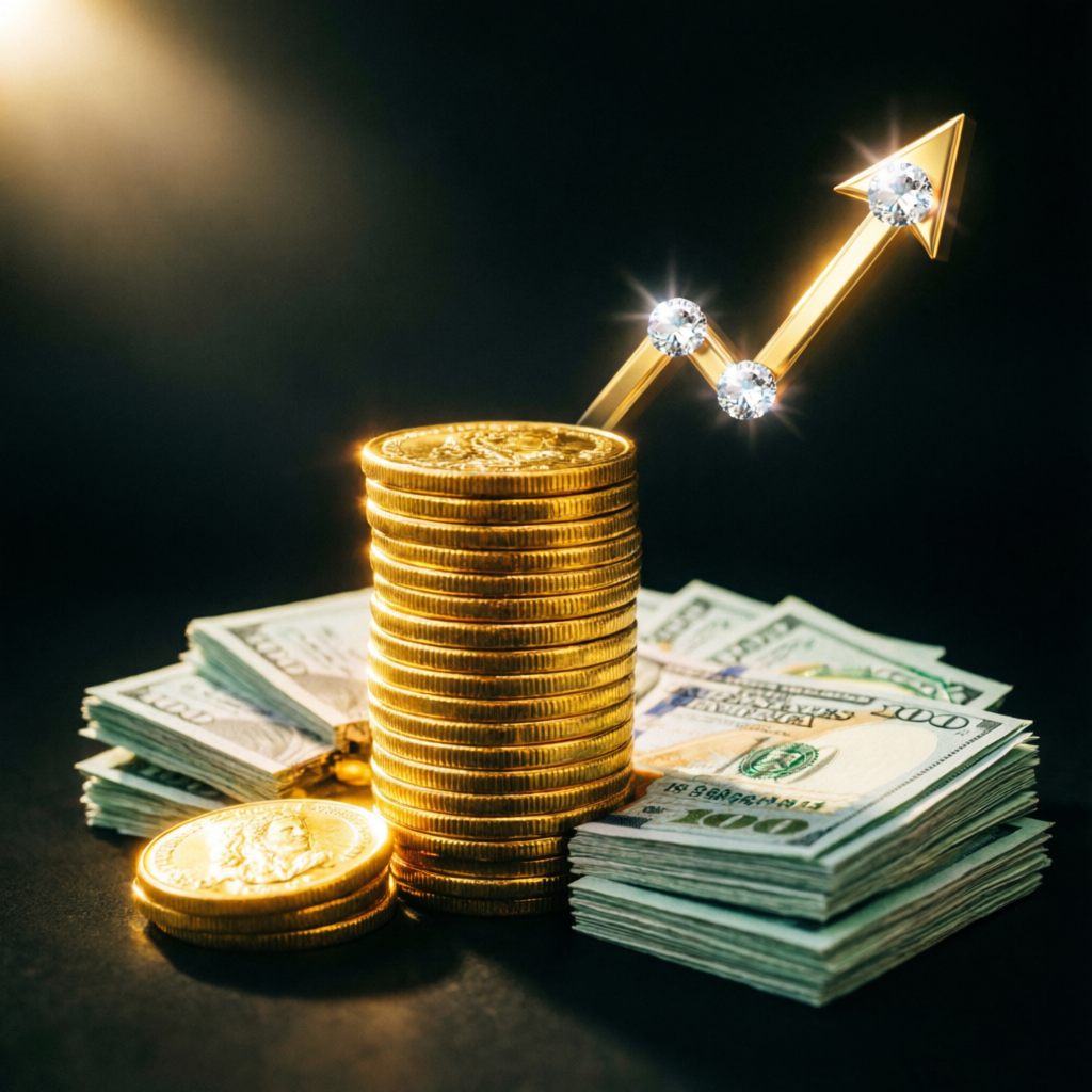 Gold coins and dollar bills with rising profit arrow representing trading payouts
