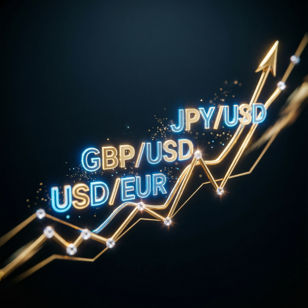 Rising forex currency pairs chart with golden arrows showing profit growth