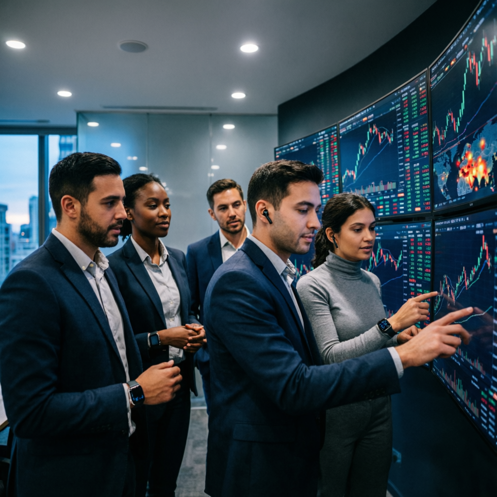 Professional trading team analyzing markets on multiple screens