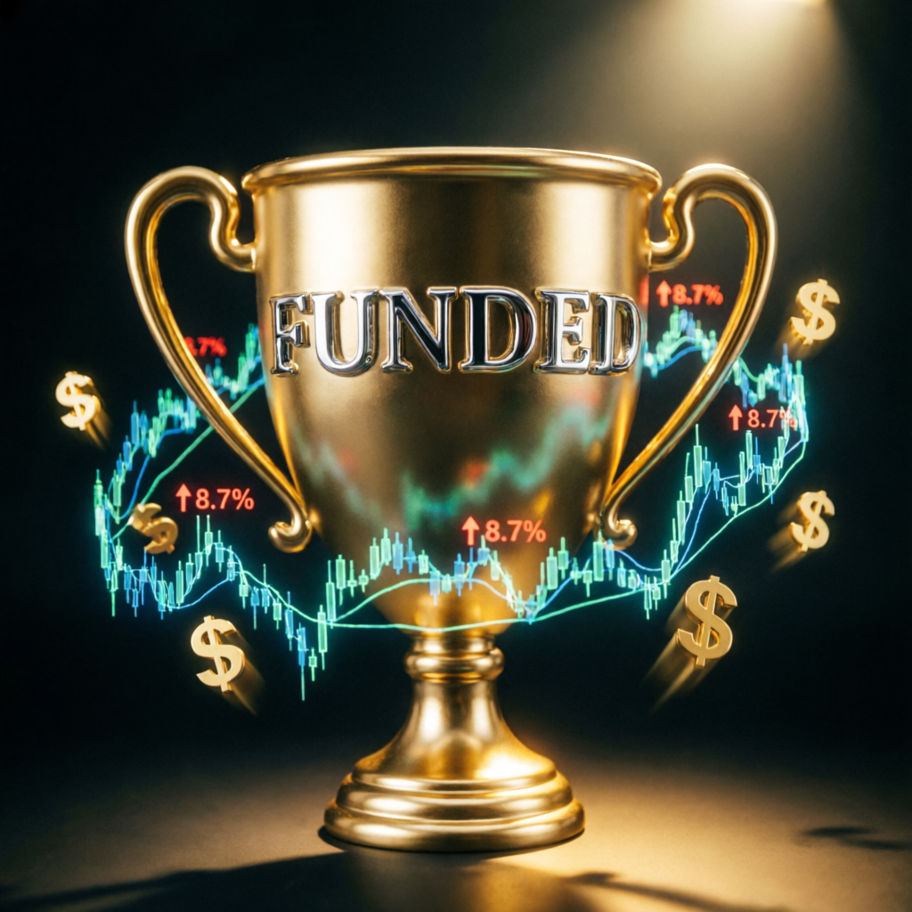 Funded account success trophy with golden charts representing trading victory