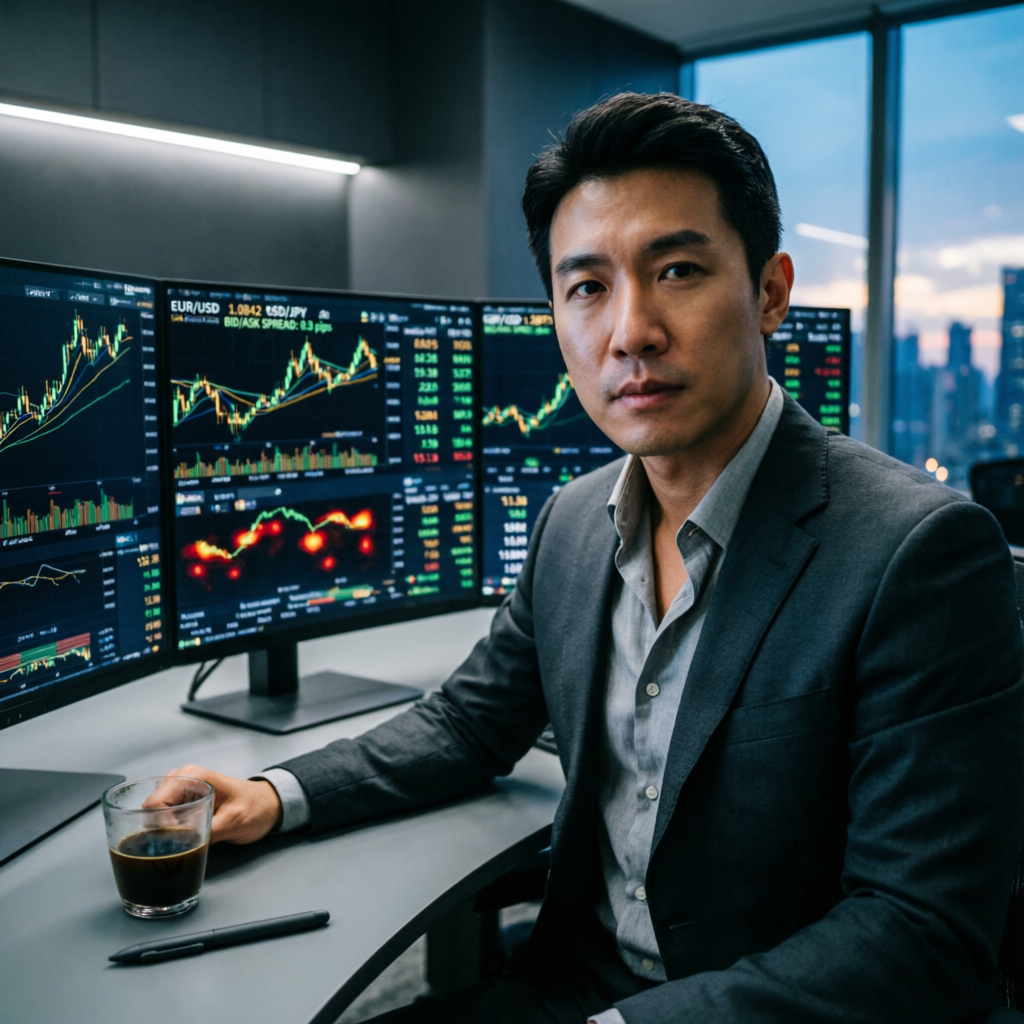 Professional forex trader at multi-monitor trading desk
