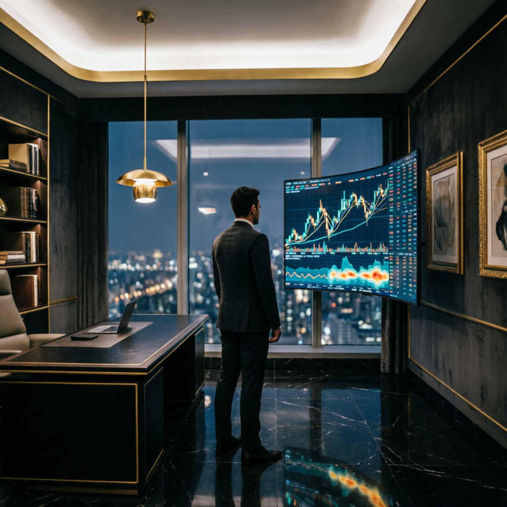 Premium VIP trading office with professional trader analyzing charts