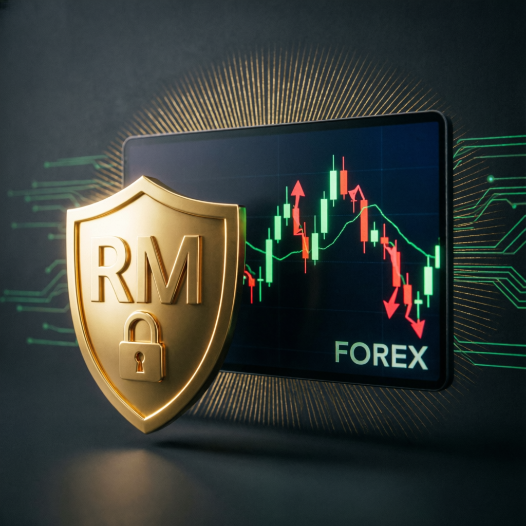 Risk management shield protecting forex trading chart