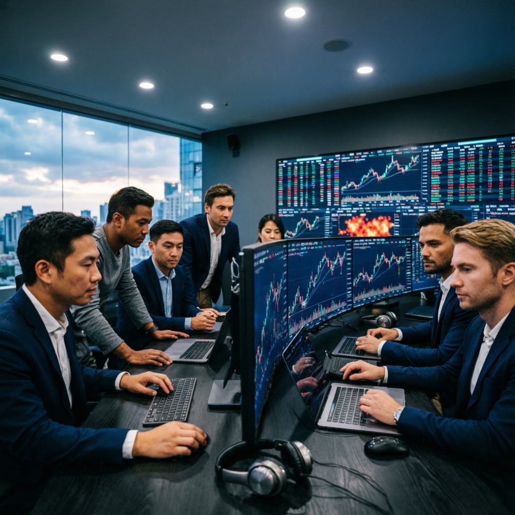 Professional team of forex traders at PFM Capitals working together in a modern trading room