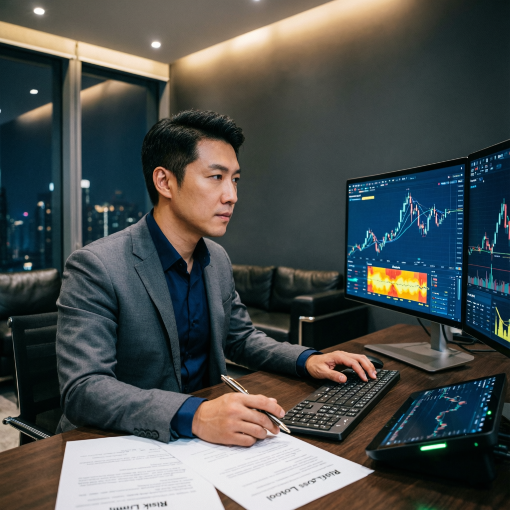 Professional trader analyzing forex charts with risk management tools - Lucid Funded Risk Management at PFM Capitals