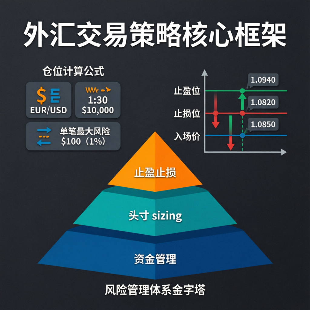 Forex trading strategy framework showing position sizing and risk management pyramid