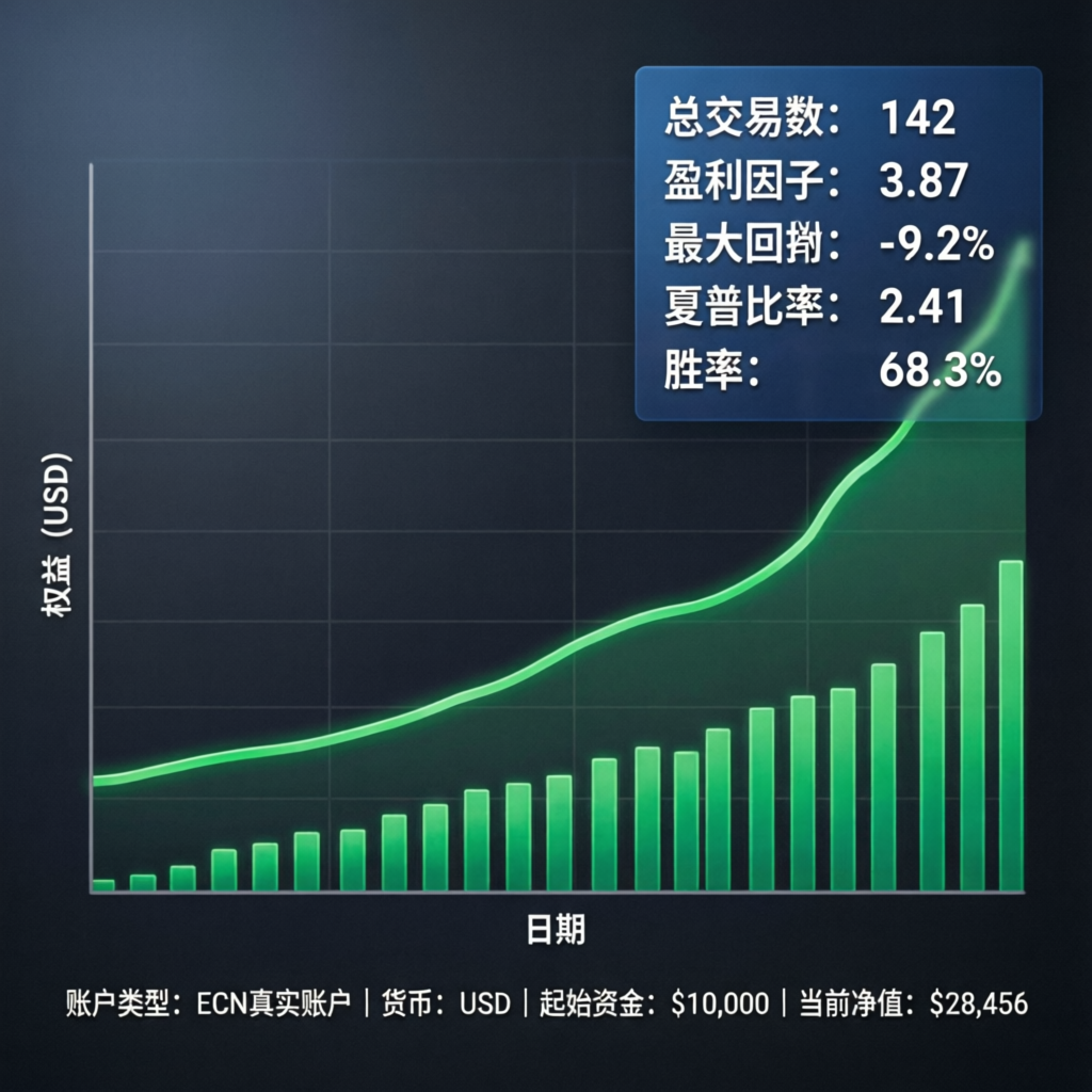 Myfxbook style performance graph showing consistent upward equity curve with trading statistics