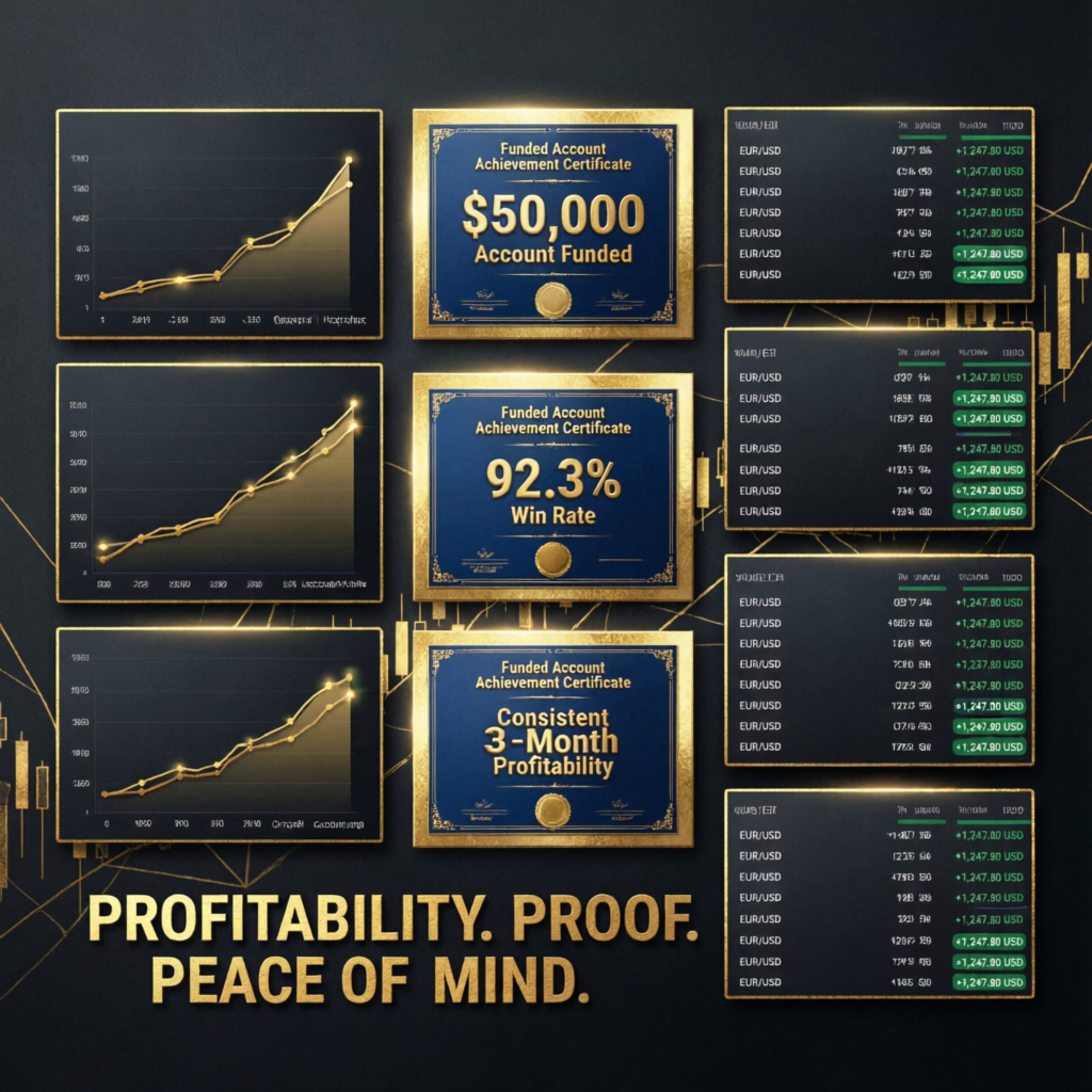 Profitability proof showing multiple account growth charts and achievement certificates