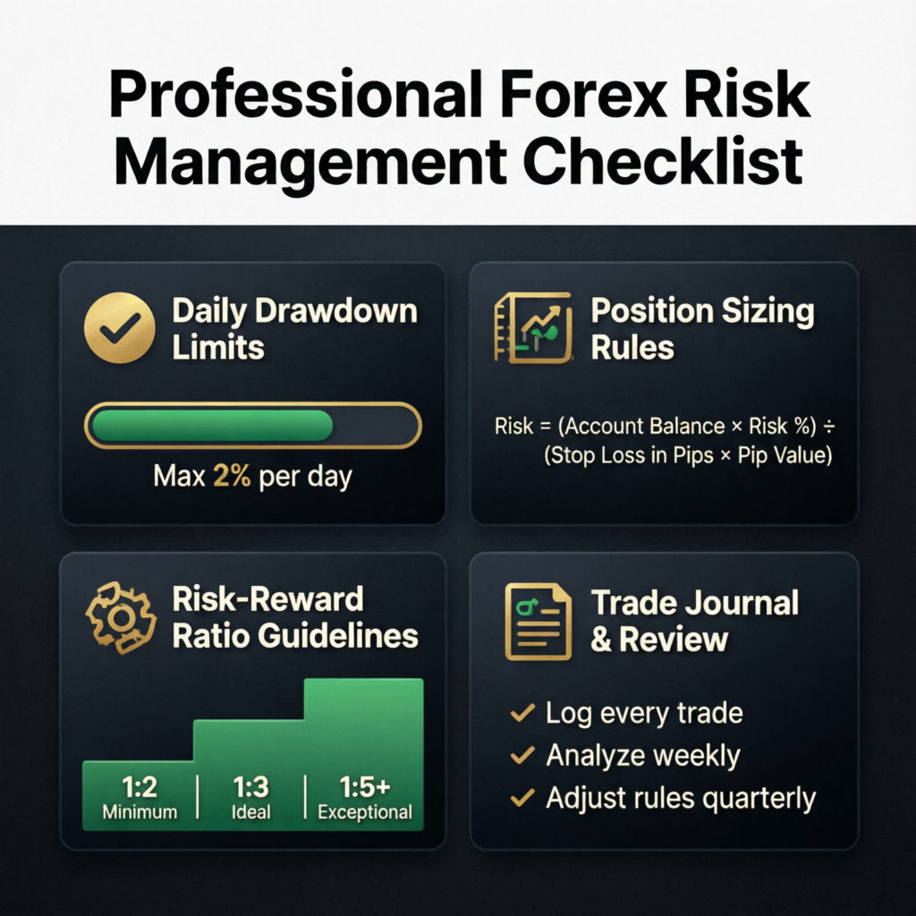 Professional Forex Risk Management Checklist with daily drawdown limits, position sizing rules, and risk-reward guidelines
