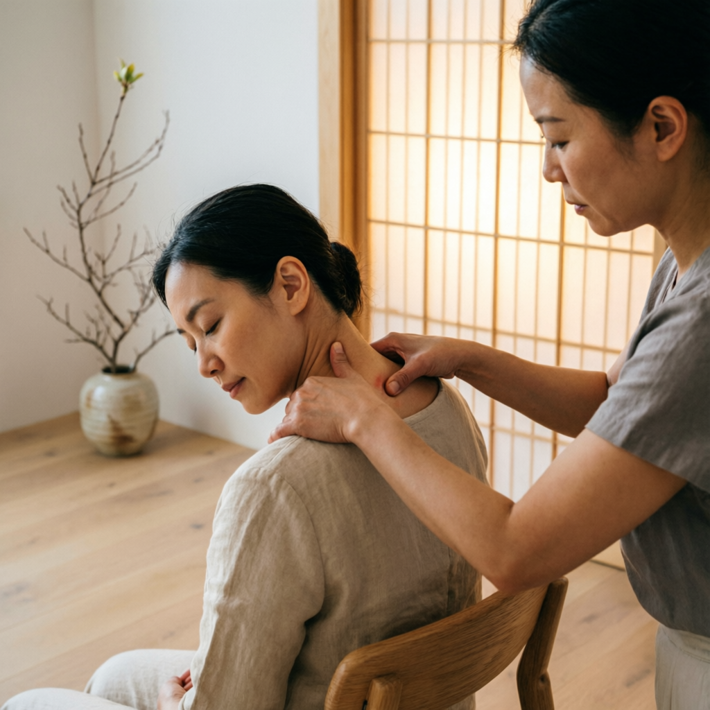Therapist working on the neck and shoulders of a seated client