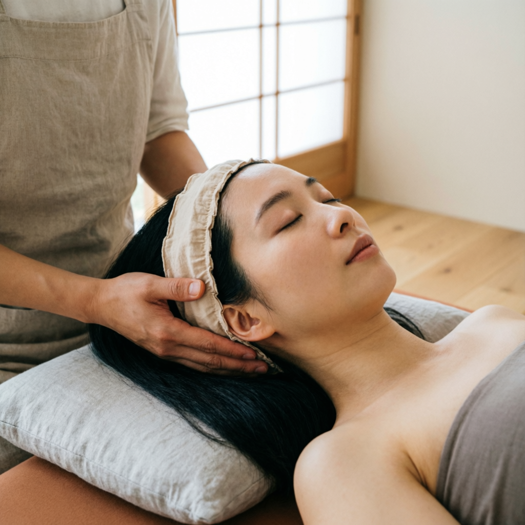 Gentle head and facial massage with client resting peacefully