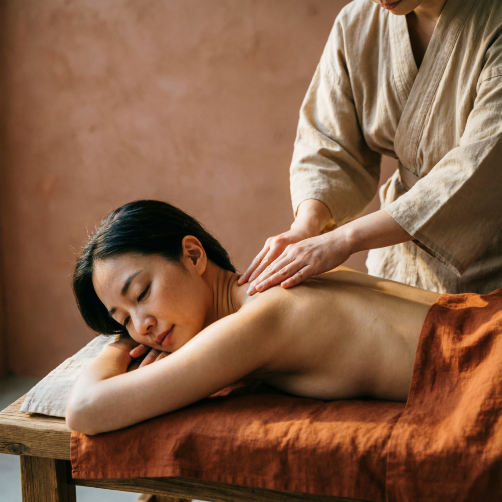 Therapist in a kimono-style robe giving a calming shiatsu massage to a relaxed client on rust-orange linen