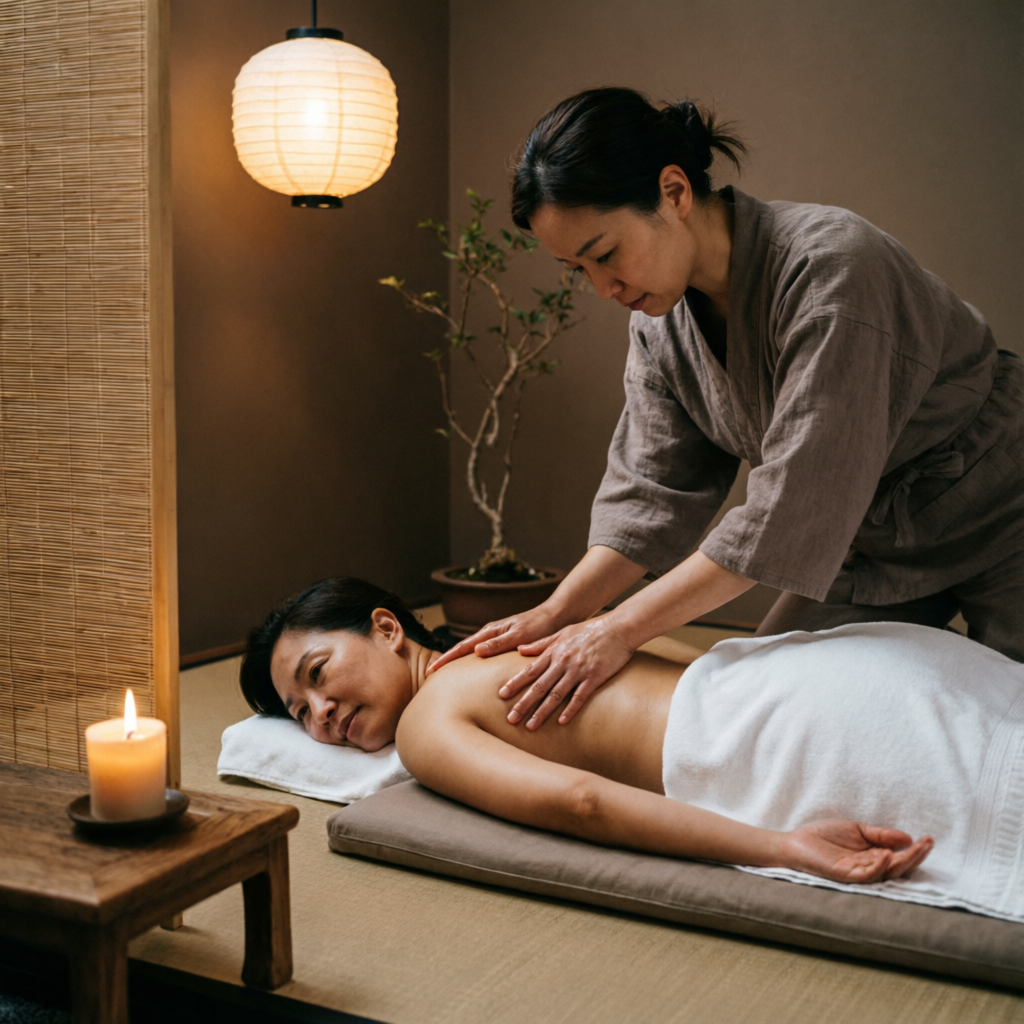 Slow rhythmic massage in a candle-lit Japanese room with paper lantern