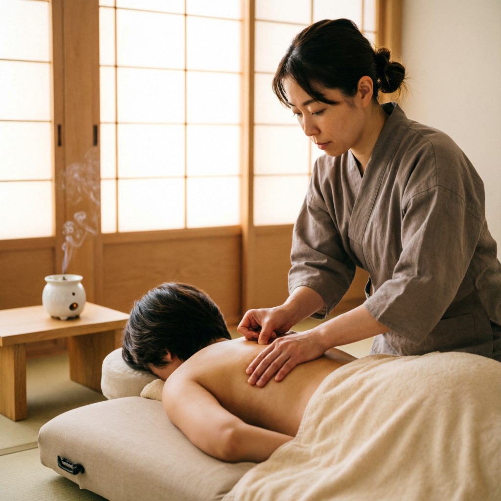 Therapist performing shiatsu pressure on a client's back in a Japanese studio