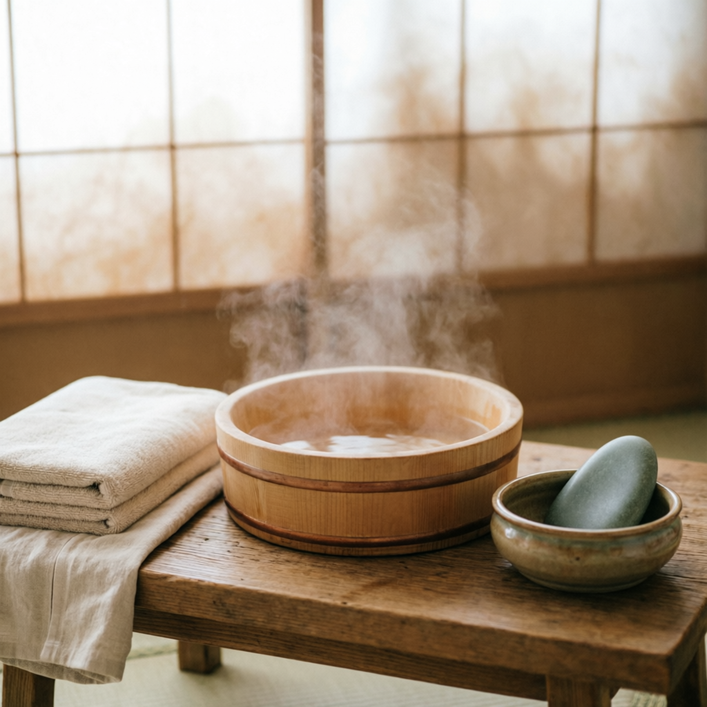 Wooden foot soak basin with steam, towels and gua sha stone on a timber table