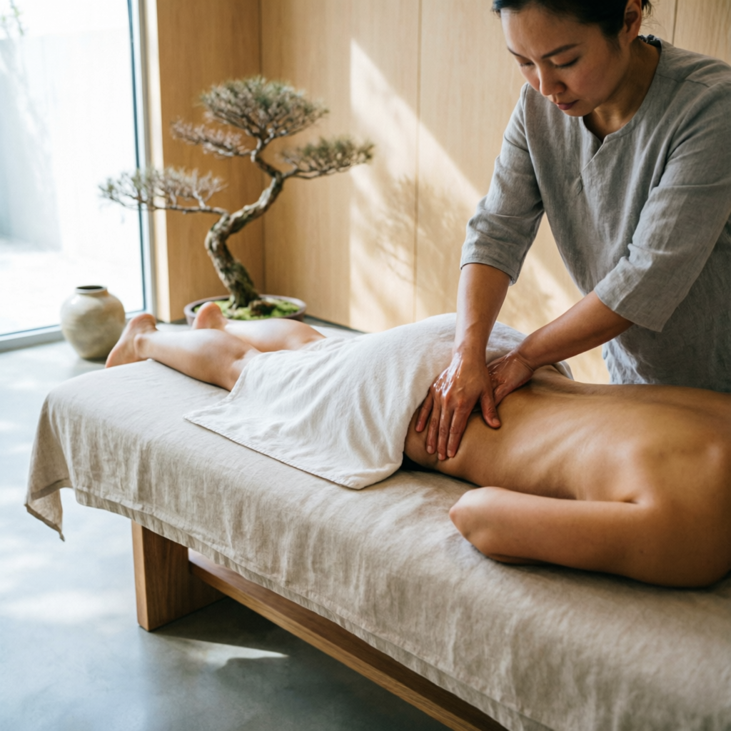 Therapist massaging the lower back and legs of a client on a massage table
