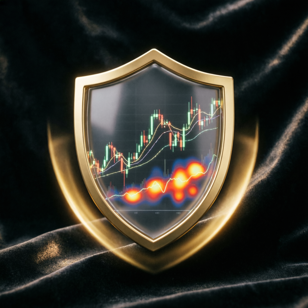 Risk management shield protecting trading charts