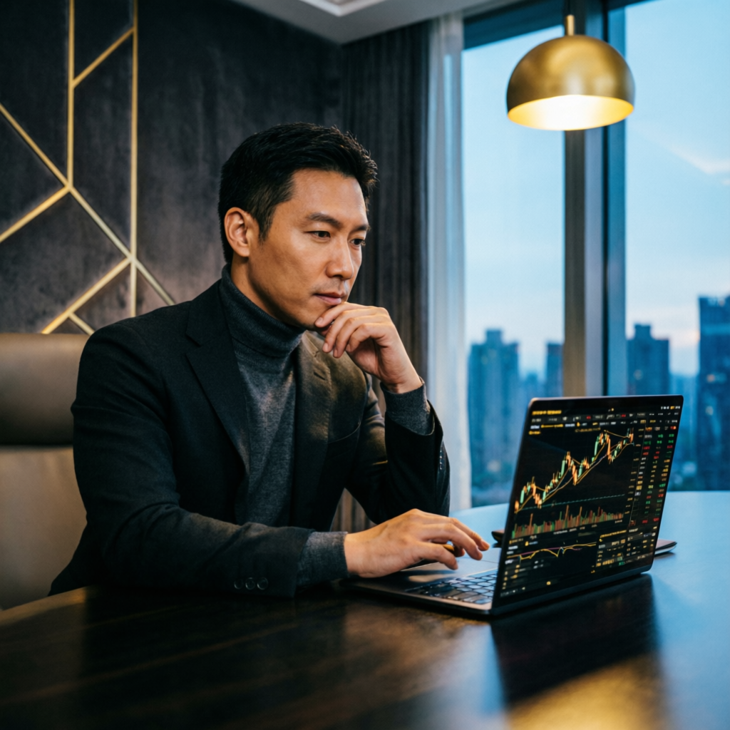 Professional trader analyzing forex charts on laptop