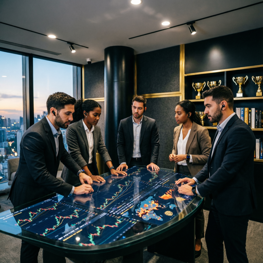 Elite prop firm trading team collaborating on strategy