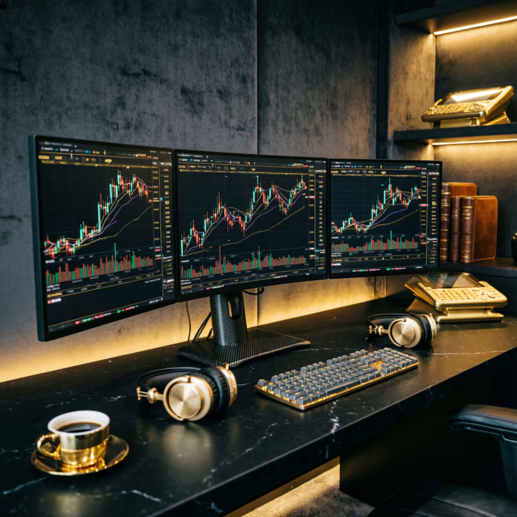Professional forex trading workspace with multiple monitors showing charts