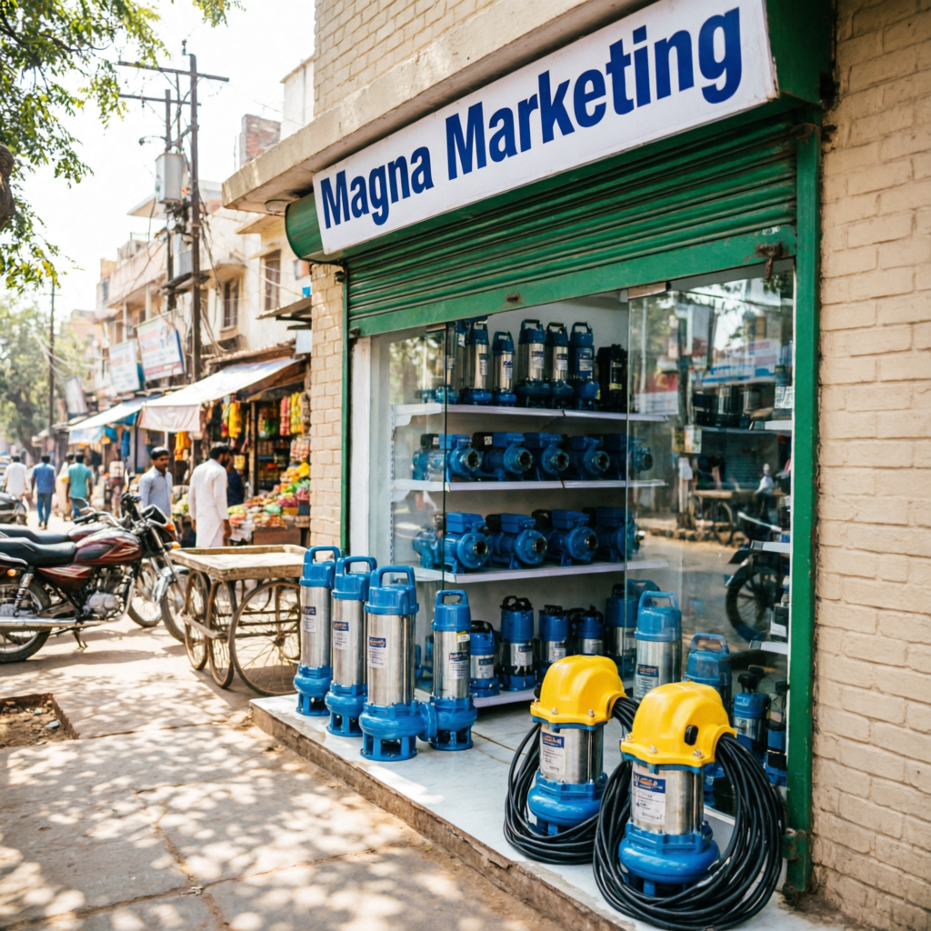 Magna Marketing water pump shop storefront at City Market SP Road Bangalore