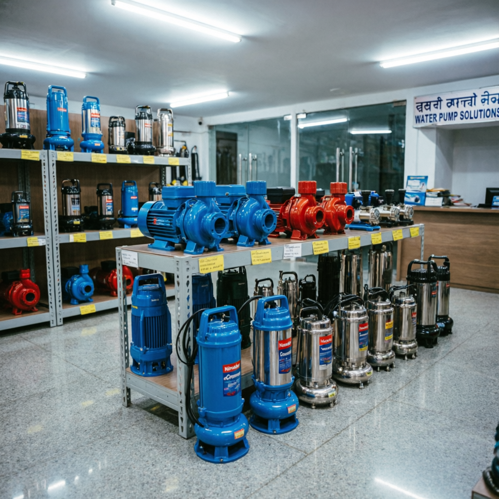 Water pump showroom interior with multiple brands on display Bangalore