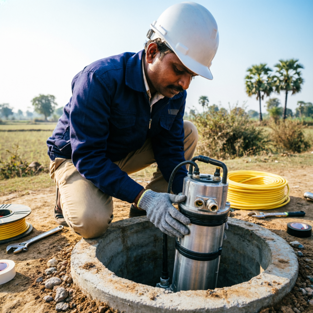 Water pump technician installing borewell pump in Bangalore