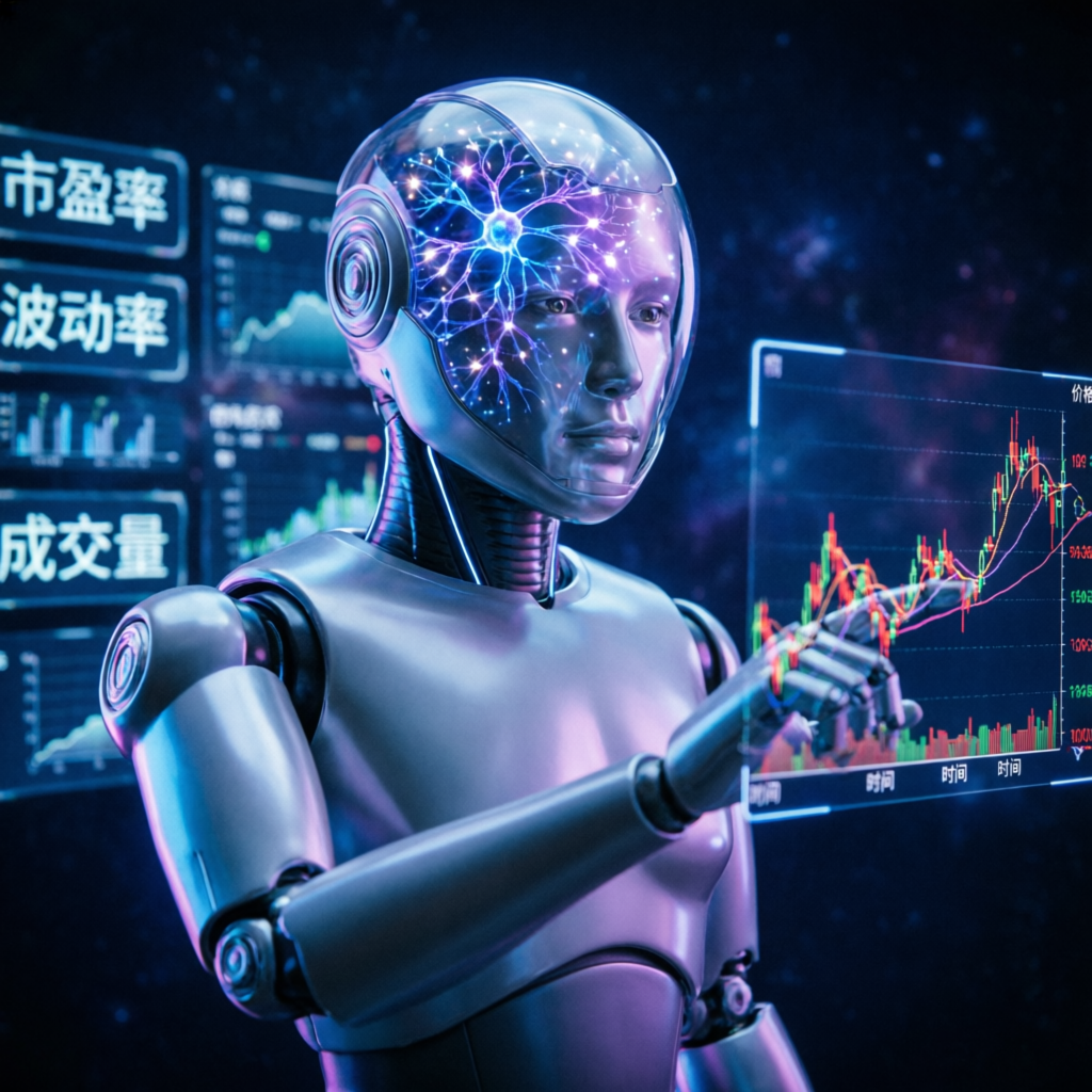 AI robot analyzing financial markets for Topstep evaluation