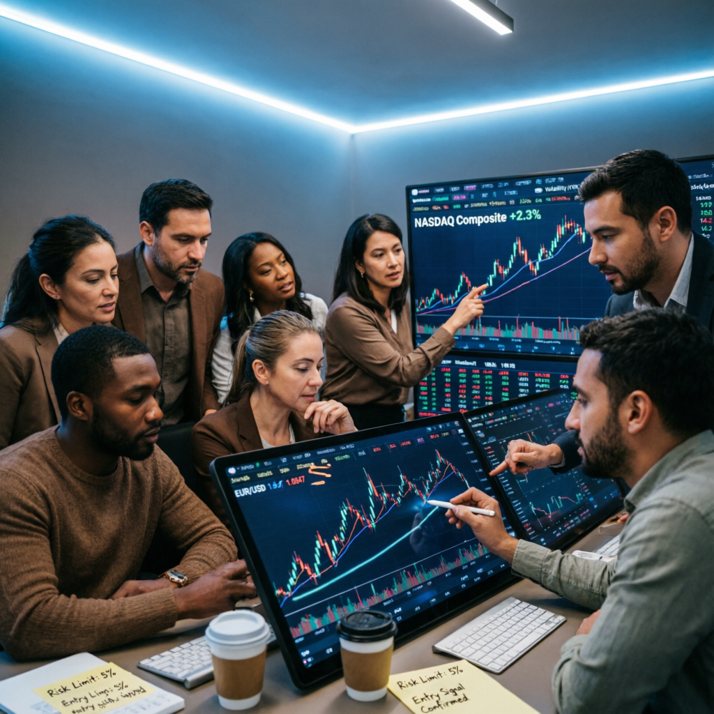 Professional trading team analyzing Topstep funded account performance