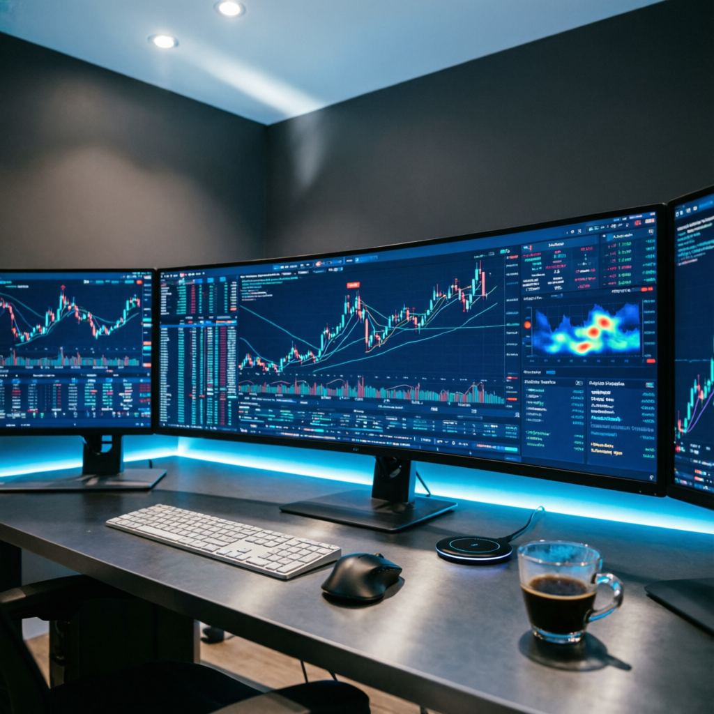 Professional forex trader workspace with multiple monitors showing Topstep trading charts