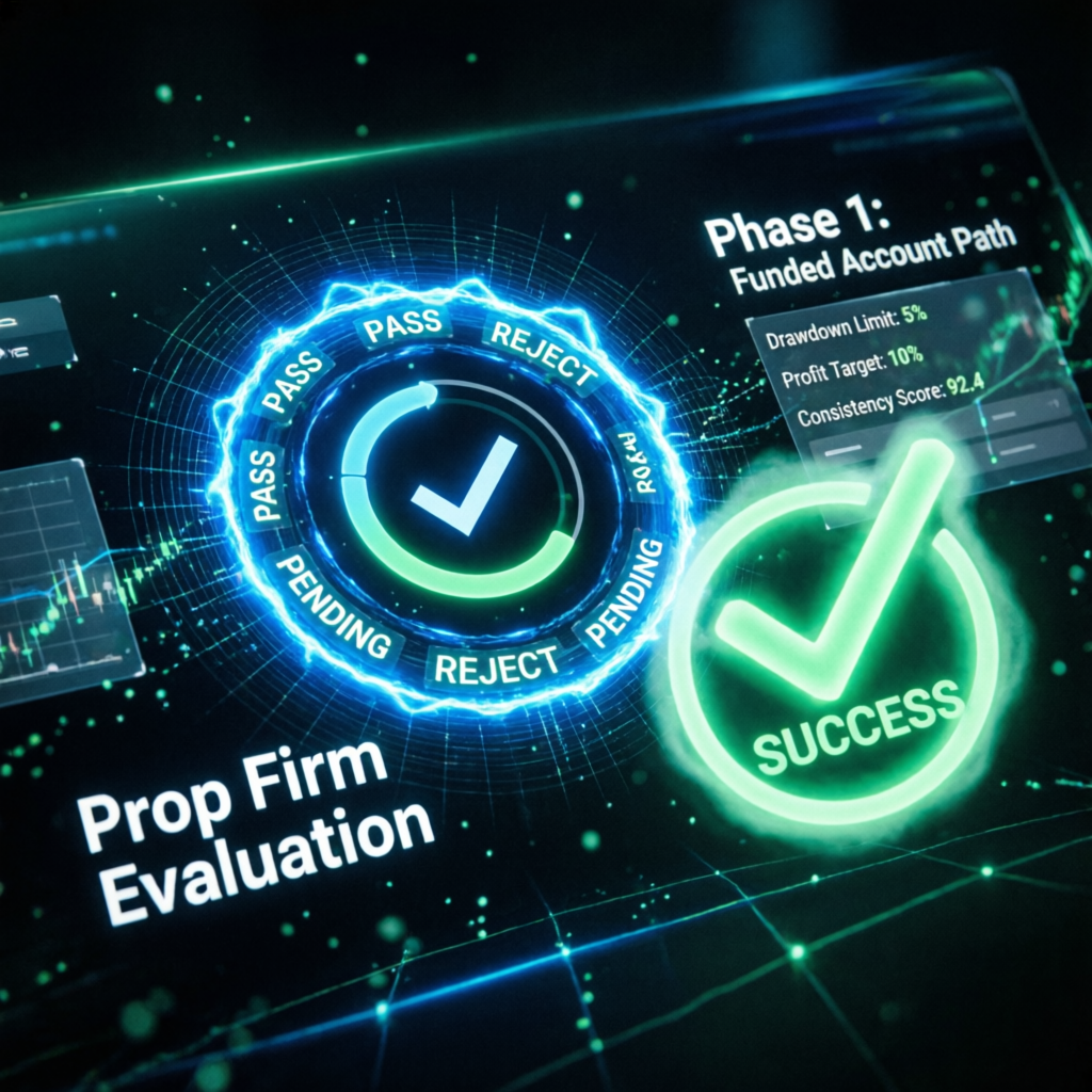 Prop firm evaluation success with pass indicator