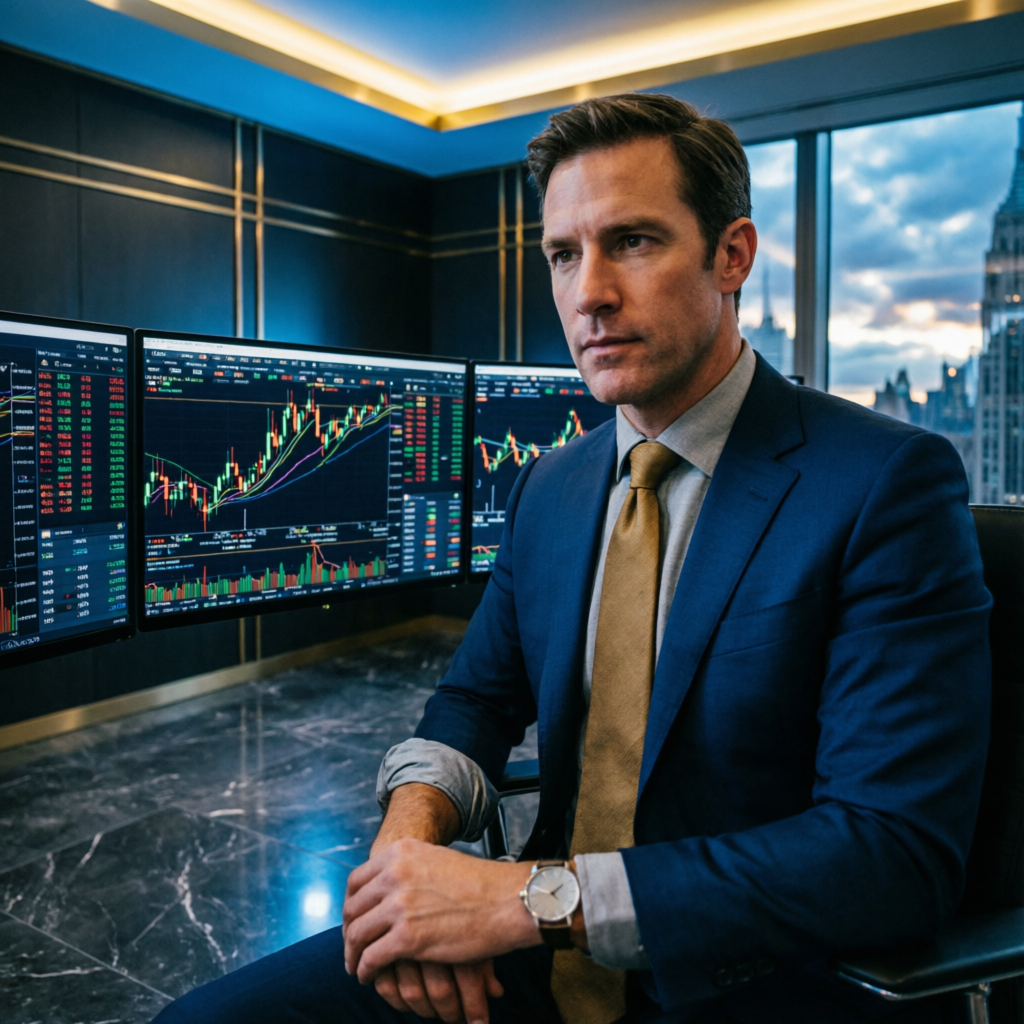 Professional trader analyzing Apex Trader Funding charts in premium office