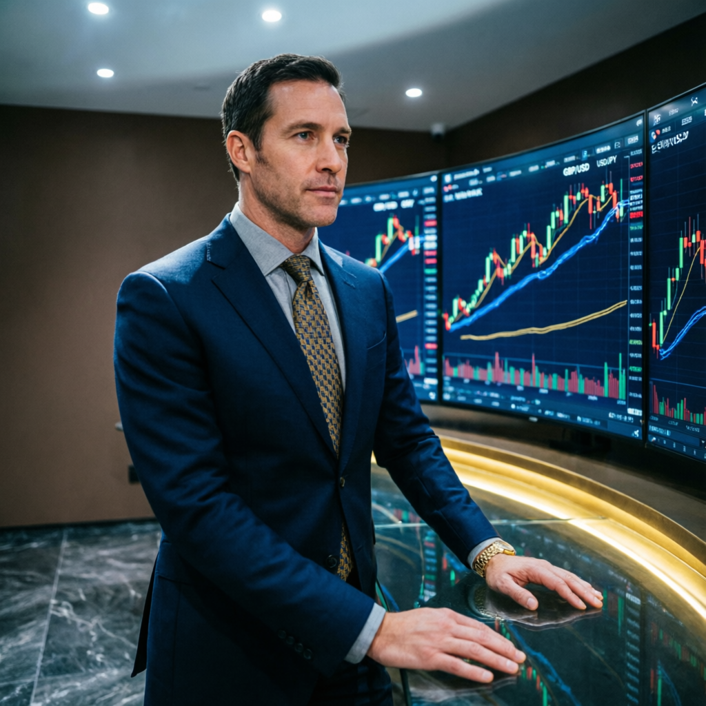 Professional forex trader managing Apex PA Account with multiple trading screens