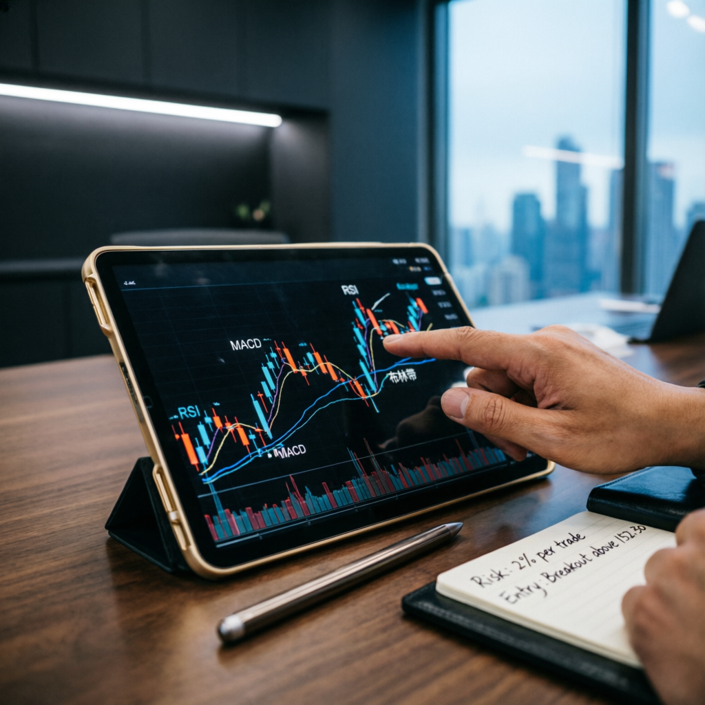 Professional trader analyzing futures trading strategy on tablet with technical indicators and risk calculations