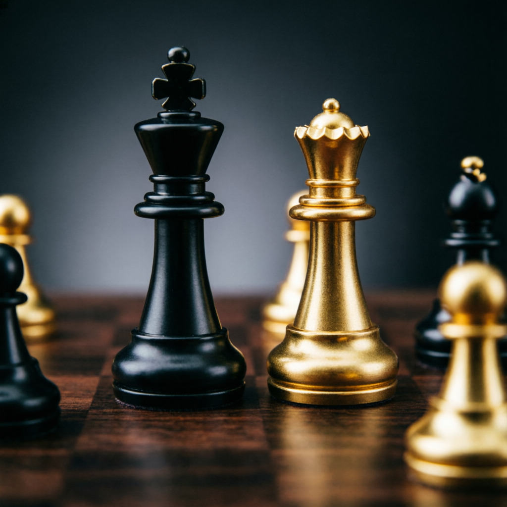 Chess pieces representing strategic trading discipline and decision-making in professional risk management