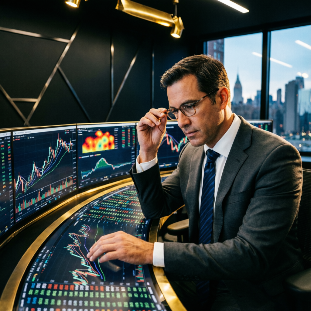 Wall Street professional trader analyzing market data with multiple screens showing futures trading charts