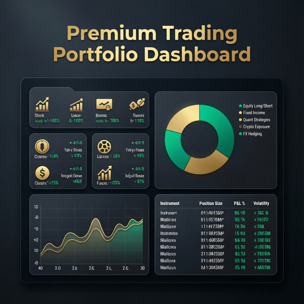 Premium trading portfolio dashboard with multiple financial instruments, risk allocation charts, and performance analytics